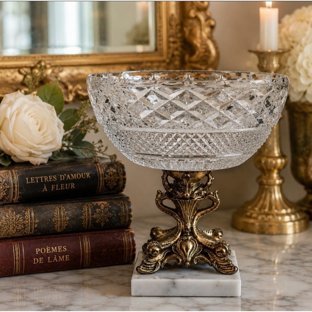 Vintage Bavaria Lead Crystal Compote Pedestal Bowl Marble Base 9.5" Centerpiece